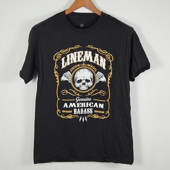 Hanes Mens M Lineman Skull Wings‎ Tee Black High Voltage Y2K Bold Graphic Shirt - Picture 1 of 11